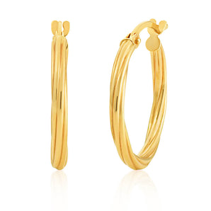 9ct Yellow Gold Hoop Earrings in 15mm with a twist. European Made