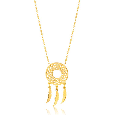 9ct Yellow Gold Dreamcatcher & Feather Pendant With 45cm chain