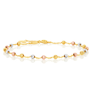 9ct Gold Three Tone Beads 17cm Bracelet With 2cm Extension