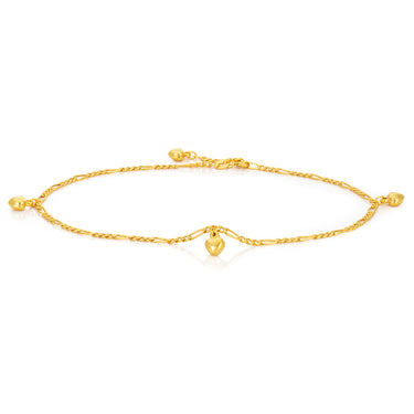 9ct Yellow Gold Heart Charm 3:1 Figaro 29cm Anklet