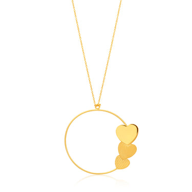9ct Yellow Gold Open Circle with Three Attached Hearts Pendant on 72cm Chain