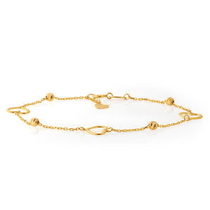 9ct Yellow Gold Heart and Bead 19cm Bracelet