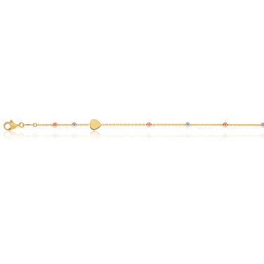9ct Three-Tone Gold Heart and Bead 27cm Anklet