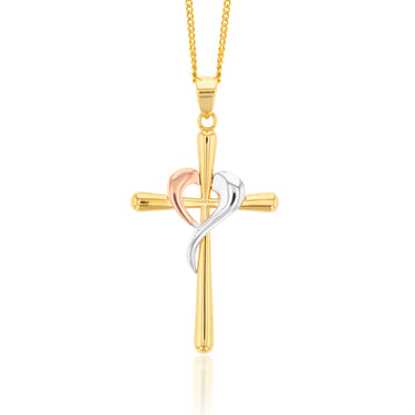 9ct Yellow, Rose And White Gold Crossover On Cross Pendant