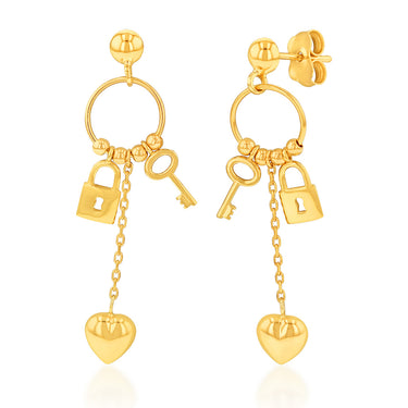 9ct Yellow Gold Lock Key & Heart On Ring Drop Earrings