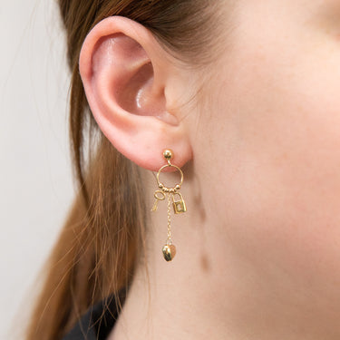 9ct Yellow Gold Lock Key & Heart On Ring Drop Earrings