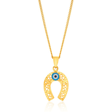 9ct Yellow Gold Diamond Cut Horse Shoe And Evil Eye Pendant