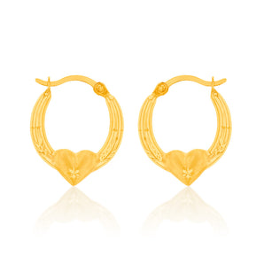 9ct Yellow Gold Diamond Cut Heart On Hoop Earrings