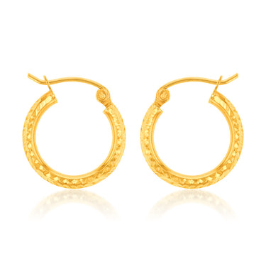 9ct Yellow Gold Diamond Cut 15mm Hoop Earrings