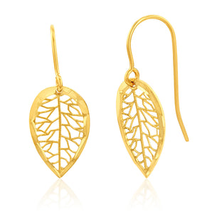 9ct Yellow Gold Diamond Cut Leaf Drop Hook Earrings