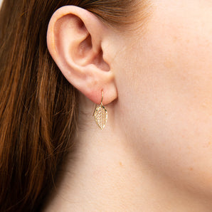9ct Yellow Gold Diamond Cut Leaf Drop Hook Earrings