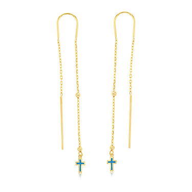 9ct Yellow Gold Blue Enamel Cross On Threader Earrings