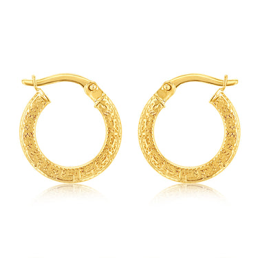 9ct Yellow Gold Greek Key 10mm Hoop Earrings