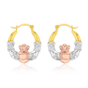 9ct Yellow Red and White Gold Three Tone Claddagh Hoop Earring