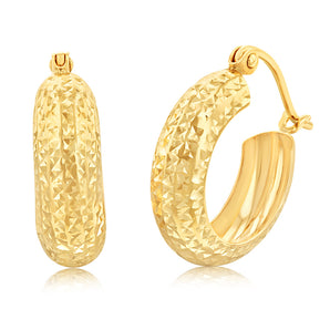 9ct Yellow Gold Diamond Cut 15mm Broad Hoop Earrings