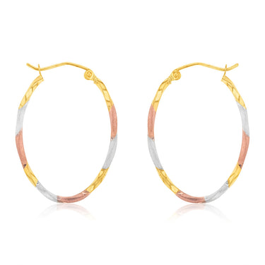 9ct Yellow, Rose, White Three Tone Twist Tube Hoop Earrings