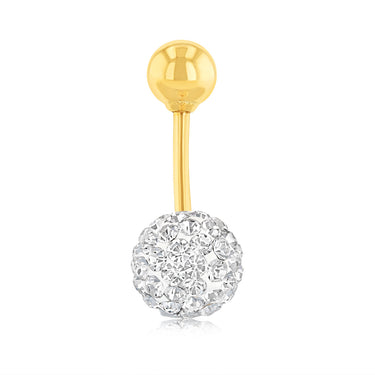 9ct Yellow Gold White Crystal Round Belly Bar