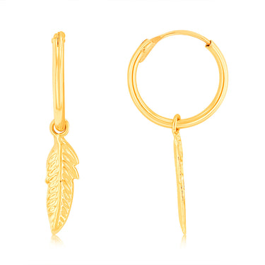 9ct Yellow Gold Feather on 12mm Sleeper Earrings