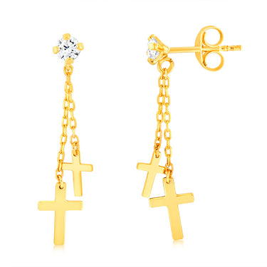 9ct Yellow Gold Double Cross On Chain Drop Earrings