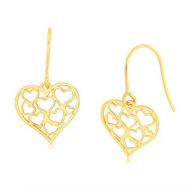 9ct Yellow Gold Heart with Cut Out Hearts Hook Earrings