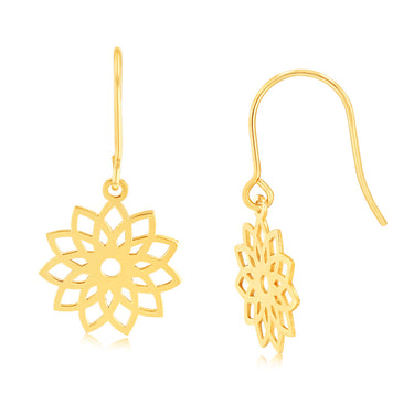 9ct Yellow Gold Tribal Flower Cut Out Hook Earrings