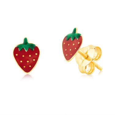 9ct Yellow Gold Enamel Strawberry Stud Earrings