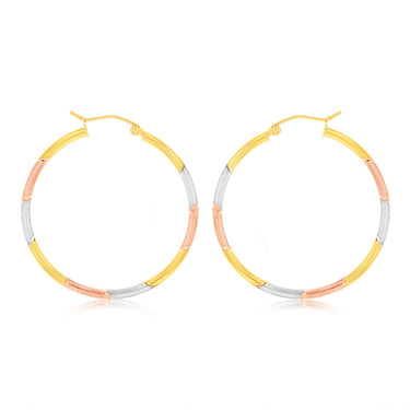 9ct Yellow Rose And White Gold Tri Colour  Super Light Diamond Cut Tube Hoop Earrings