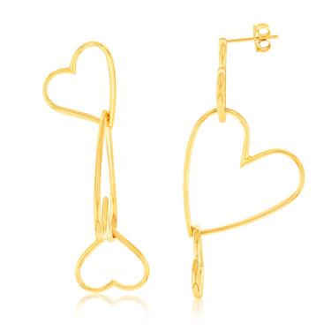 9ct Yellow Gold Triple Heart Drop Earrings