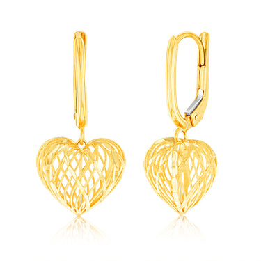 9ct Yellow Gold Double Side Diamond Cut Heart Drop Earrings
