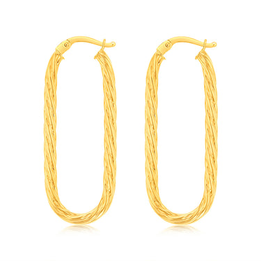 9ct Yellow Gold Twisted Elongated Hoop Earrings