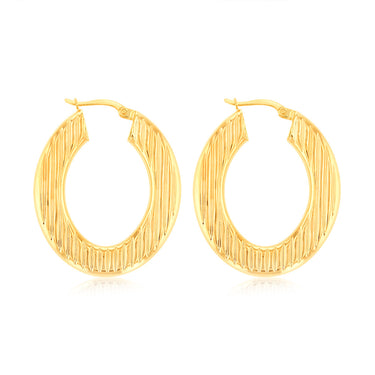 9ct Yellow Gold Double Side Textured Oval Hoop Earrings