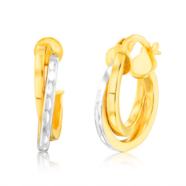 9ct Yellow and White Two-Tone Gold Elongated Hoop Earrings