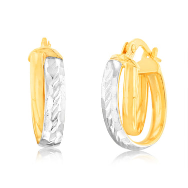 9ct Yellow and White Two-Tone Gold Textured Fancy Elongated Hoop Earrings