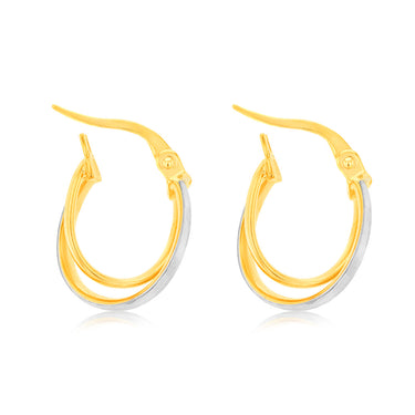 9ct Yellow and White Two-Tone Gold Textured Fancy Elongated Hoop Earrings