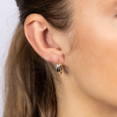 9ct Yellow and White Two-Tone Gold Textured Fancy Elongated Hoop Earrings