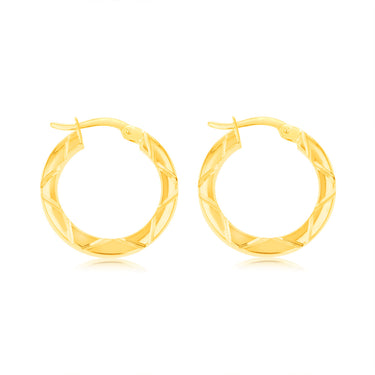 9ct Yellow Gold Double Side Diamond Cut 15mm Hoop Earrings