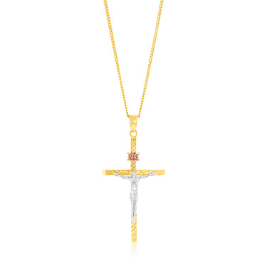 9ct Yellow And White Gold Two Tone Diamond Cut 35mm X 19mm Crucifix Pendant