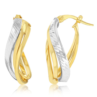 9ct Yellow And White Two-Tone Gold Triple Strand Twisted Hoop Earrings