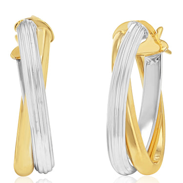 9ct Yellow And White Two Tone Gold 
 Elongated Double Hoop Earrings