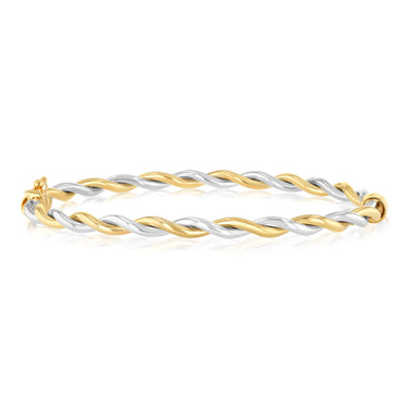 9ct Yellow And White Two Tone Gold Twisted Hinged 60mm Bangle
