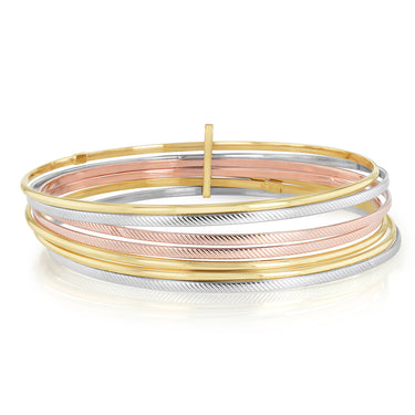 9ct Yellow, White And Rose Gold Tricolour Plain And Textured Set Of Multiple Bangles