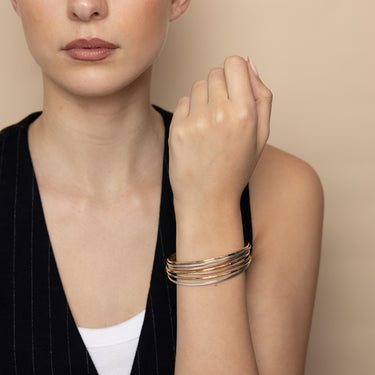 9ct Yellow, White And Rose Gold Tricolour Plain And Textured Set Of Multiple Bangles