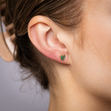 9ct Yellow Gold Green Enamel Mini Leaf Stud Earrings