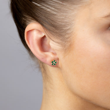 9ct Yellow Gold Green Enamel Mini Five Petal Flower Stud Earrings