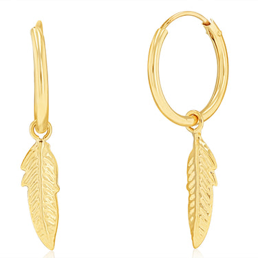 9ct Yellow Gold Polished Feather On 1.2 X12mm Hoop Earrings