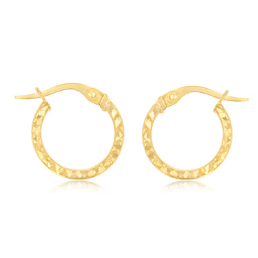 9ct Yellow Gold Diamond Cut 10mm Hoop Earrings