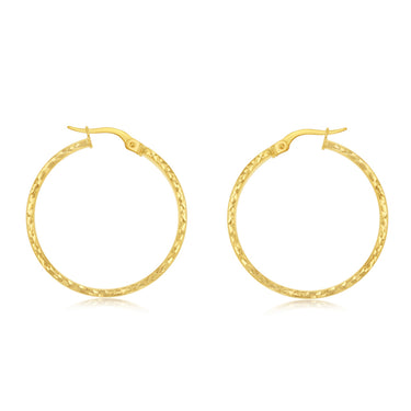 9ct Yellow Gold Diamond Cut 25mm Hoop Earrings