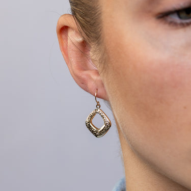 9ct Yellow Gold Hammered Open Diamond-Shaped Drop Earrings