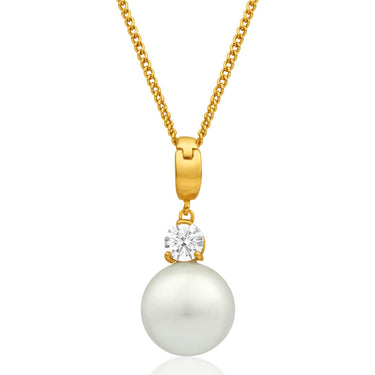 9ct Alluring Yellow Gold Cubic Zirconia and 12mm Simulated Pearl Pendant