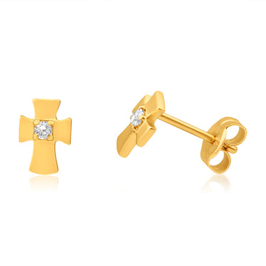9ct Yellow Gold Cubic Zirconia 6mm Cross Stud Earrings
